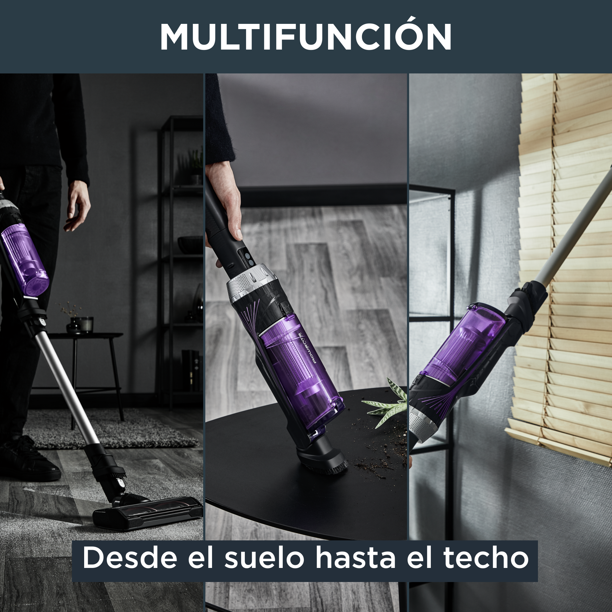 Una serie de imágenes que demuestran el uso de una aspiradora en diferentes escenarios. Se muestra la palabra Multifunción.