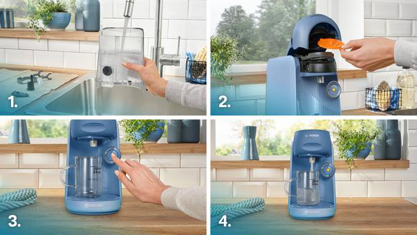 Eine Sequenz von 4 Bildern, die zeigen, wie eine blaue Kaffeemaschine verwendet wird, um ein Getränk zuzubereiten.