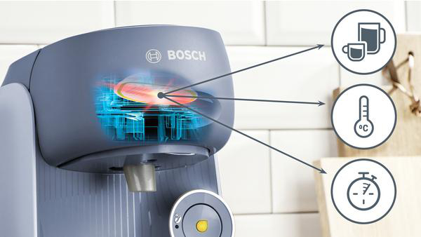 Bosch Kaffeemaschine mit hervorgehobenen Innenkomponenten und Funktionssymbolen.