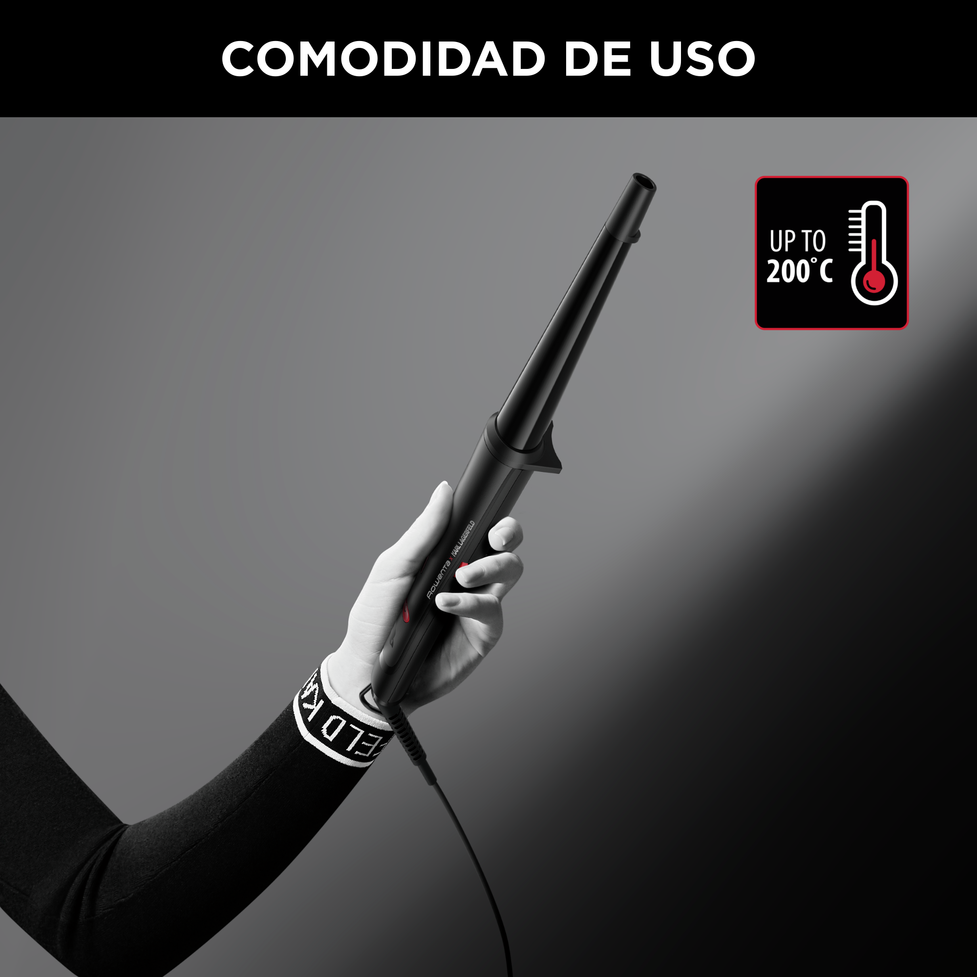 Una mujer usa una plancha de pelo rosa.