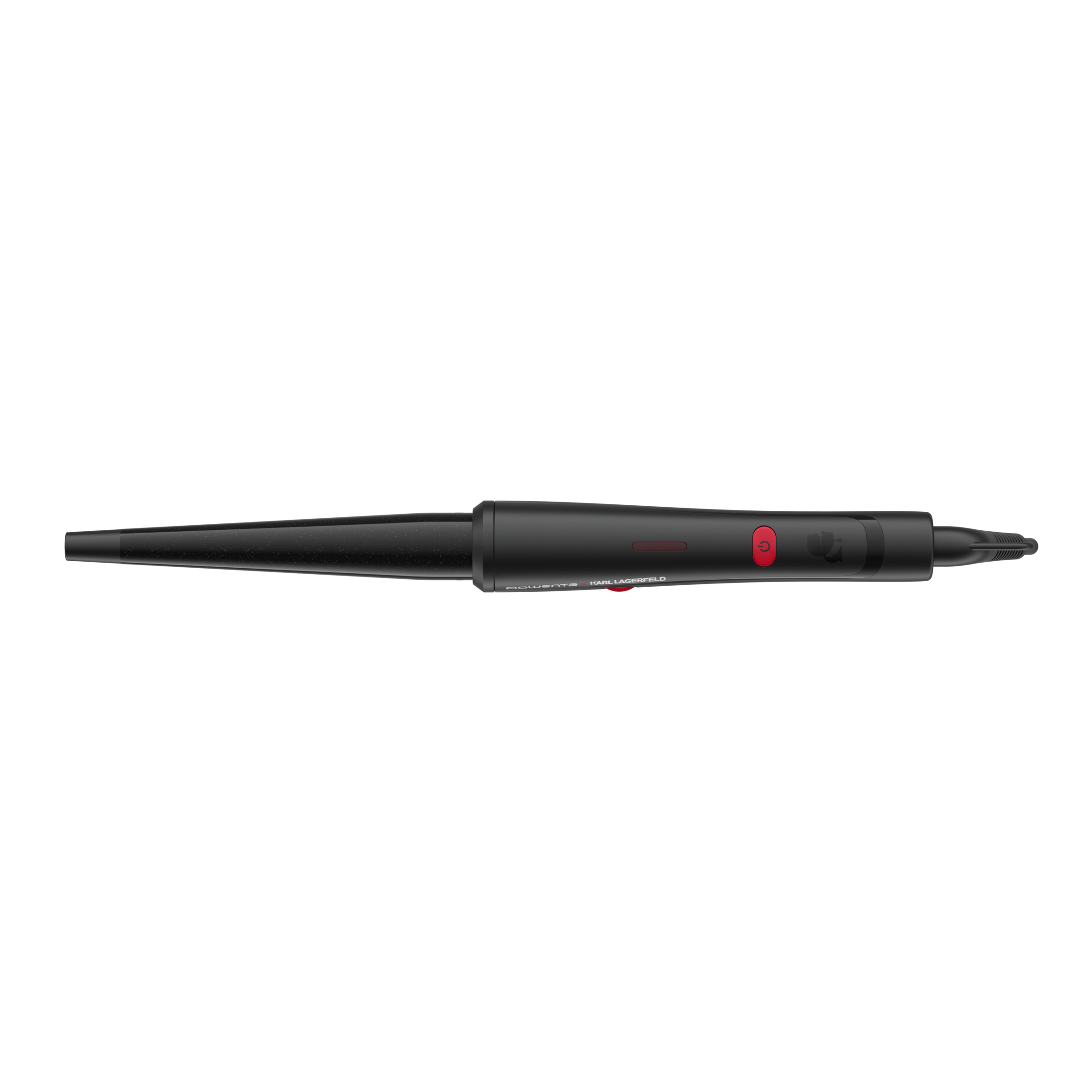 Rizador negro con botón de encendido rojo sobre fondo negro.