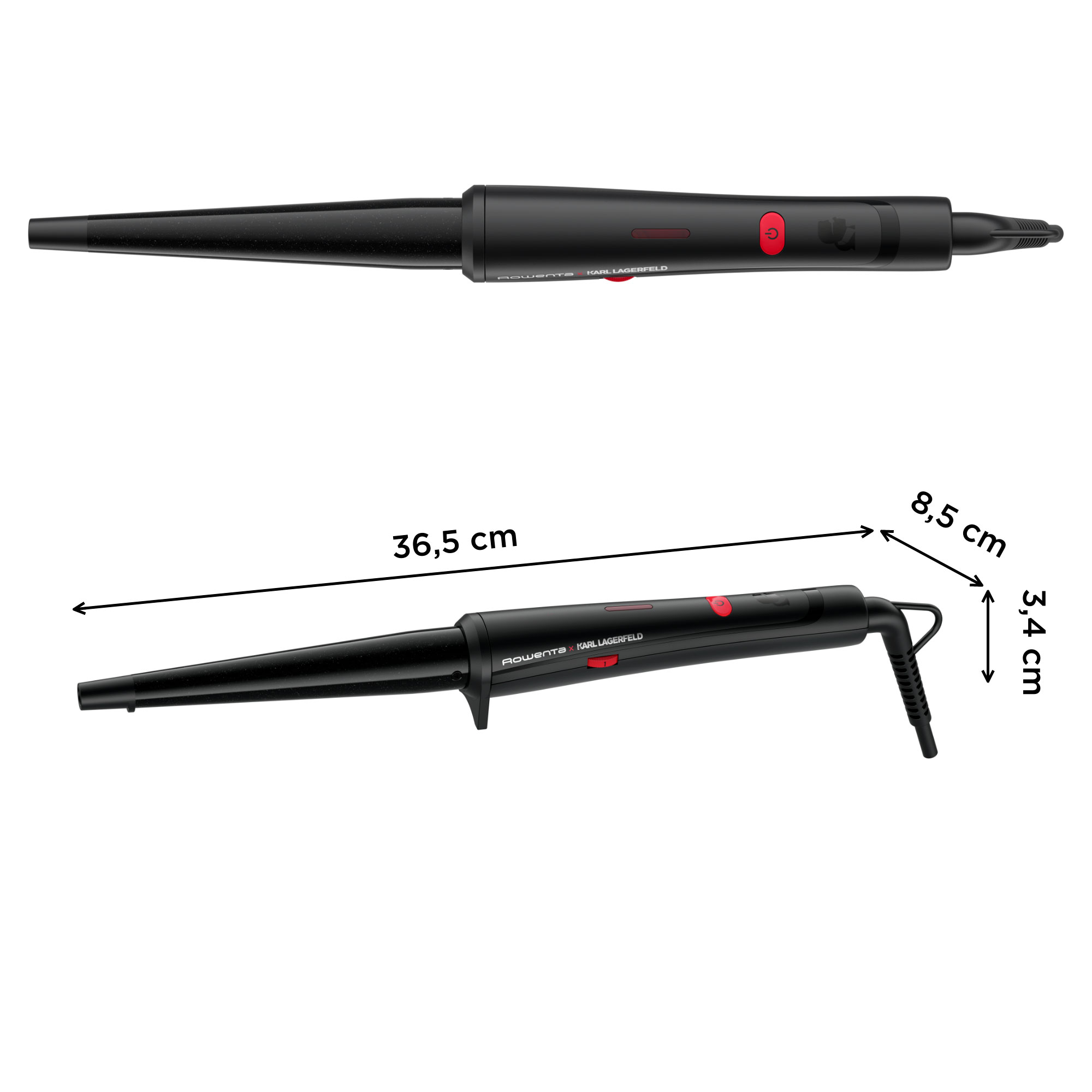 Rizador de pelo negro con medidas, que muestra 36,5 cm de largo, 8,5 cm de ancho y 3,4 cm de alto.