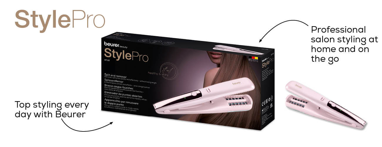 Eine Schachtel und ein Haarglätter mit der Aufschrift 'StylePro' und 'Beurer' mit Text und Bild.