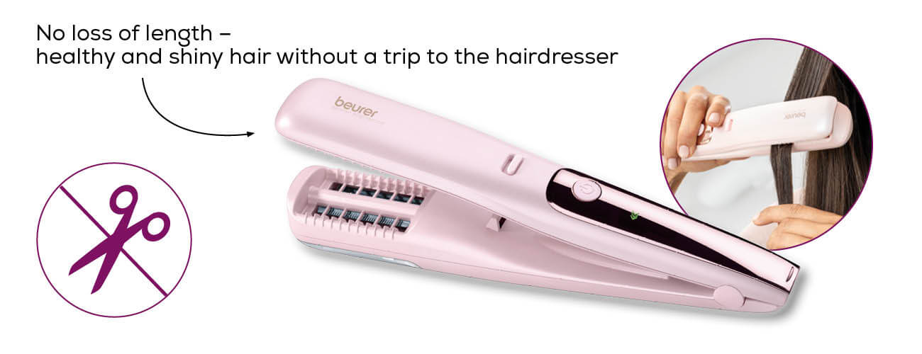 Ein pinkfarbener Haarglätter mit Text und Illustration, der keinen Haarlängenverlust zeigt.