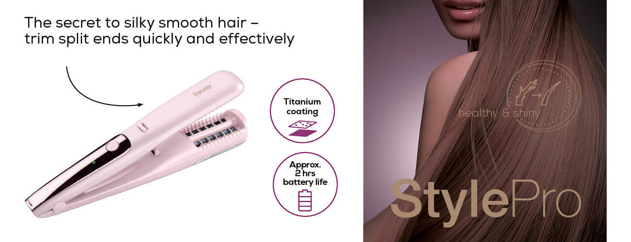 Pinkes Glätteisen StylePro, Frau mit langem Haar und Text links.
