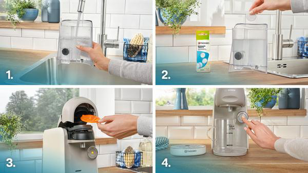 Eine Sequenz zeigt Schritte zur Verwendung einer Tassimo-Kaffeemaschine: Wasser füllen und Kapsel einlegen.