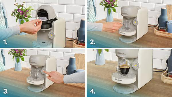 Kaffeeautomat Bedienung: Laden, Platzieren, Drücken, Brühen.