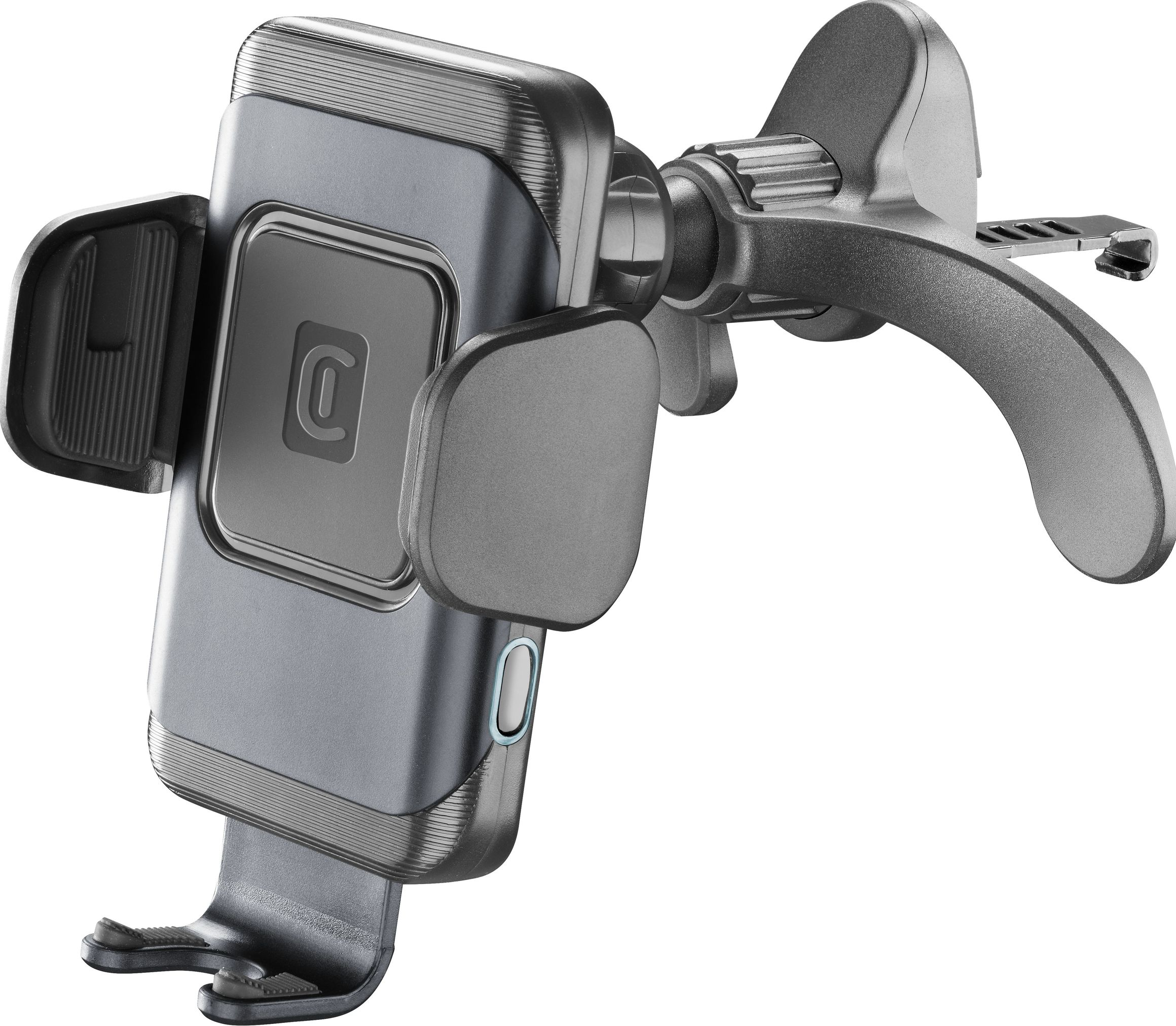 Un support de téléphone de voiture gris et noir, avec un port de charge et le logo de la marque.