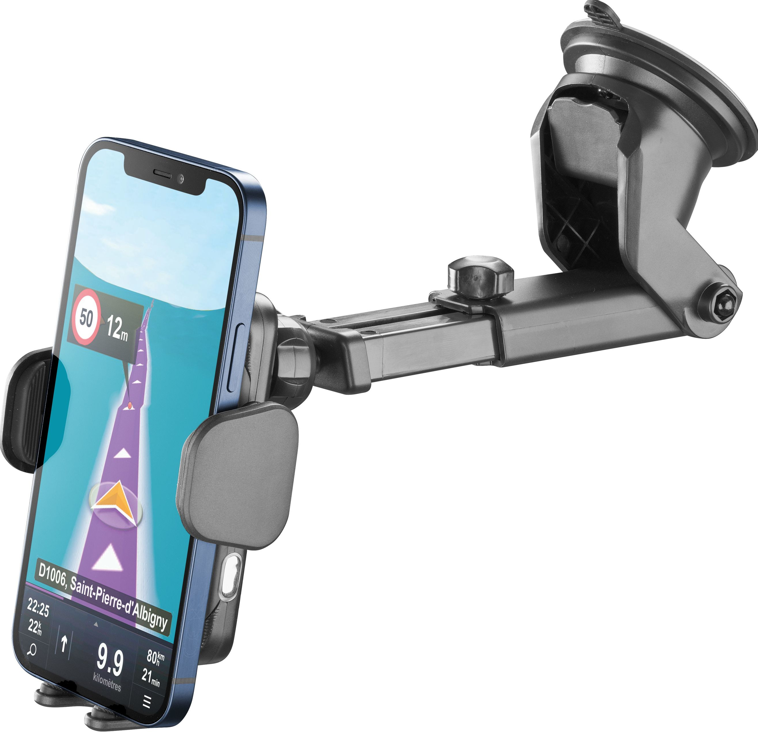 Un téléphone monté sur le tableau de bord d'une voiture. Le téléphone affiche une application de navigation.