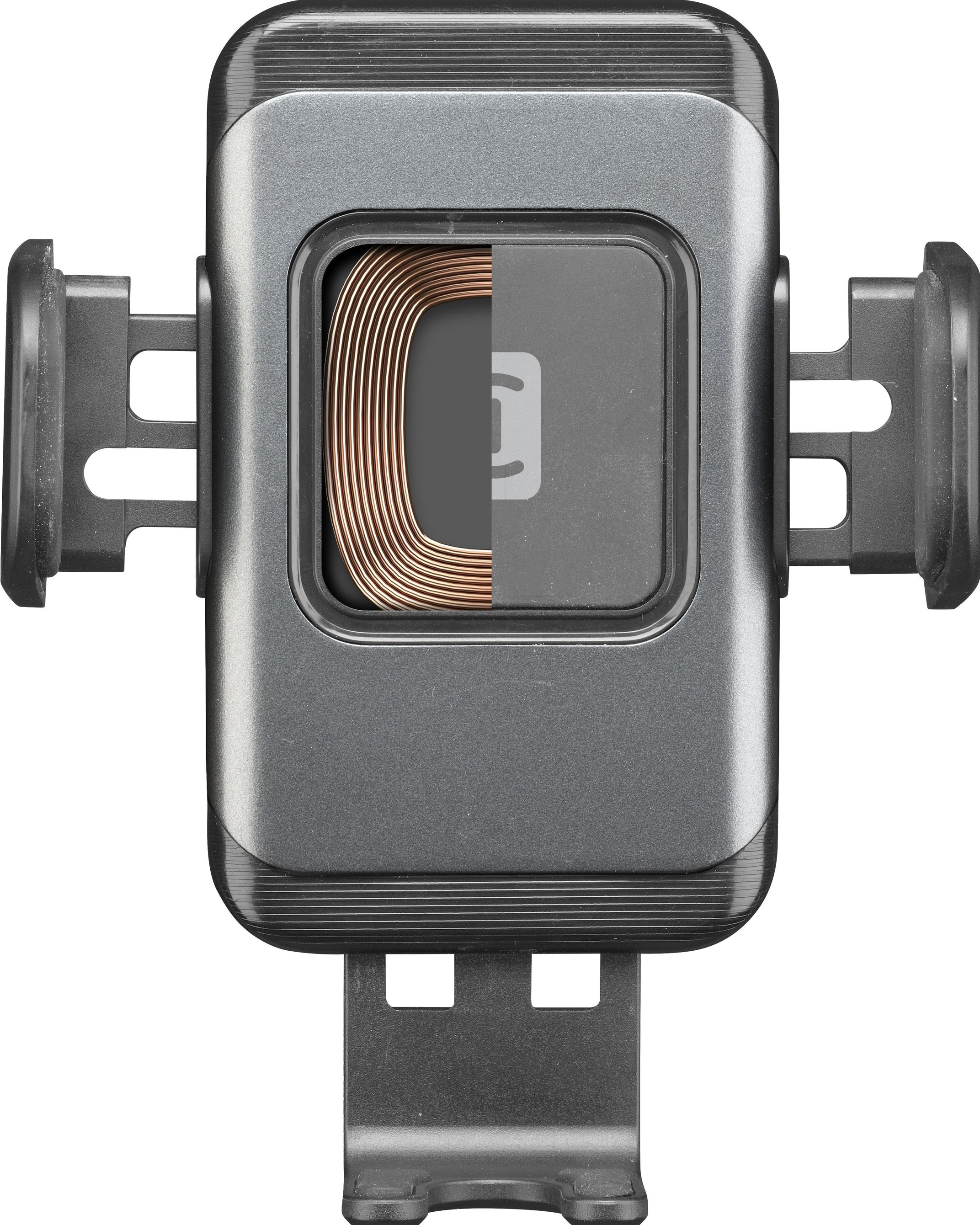 Support de téléphone de voiture gris avec bobine de chargement visible. Bras latéraux et base de montage.