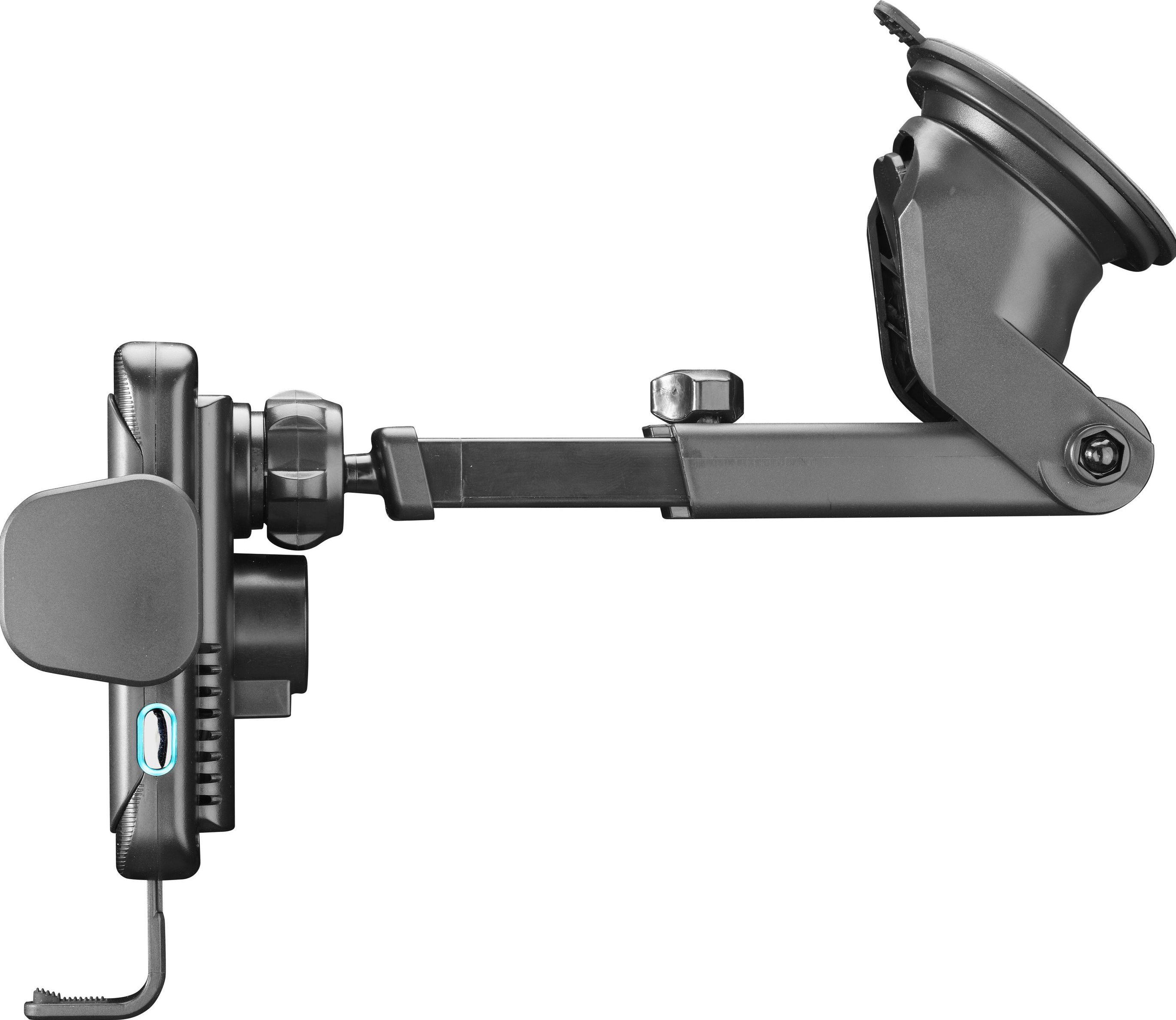 Support de téléphone de voiture noir avec port de charge, étendu sur le côté.