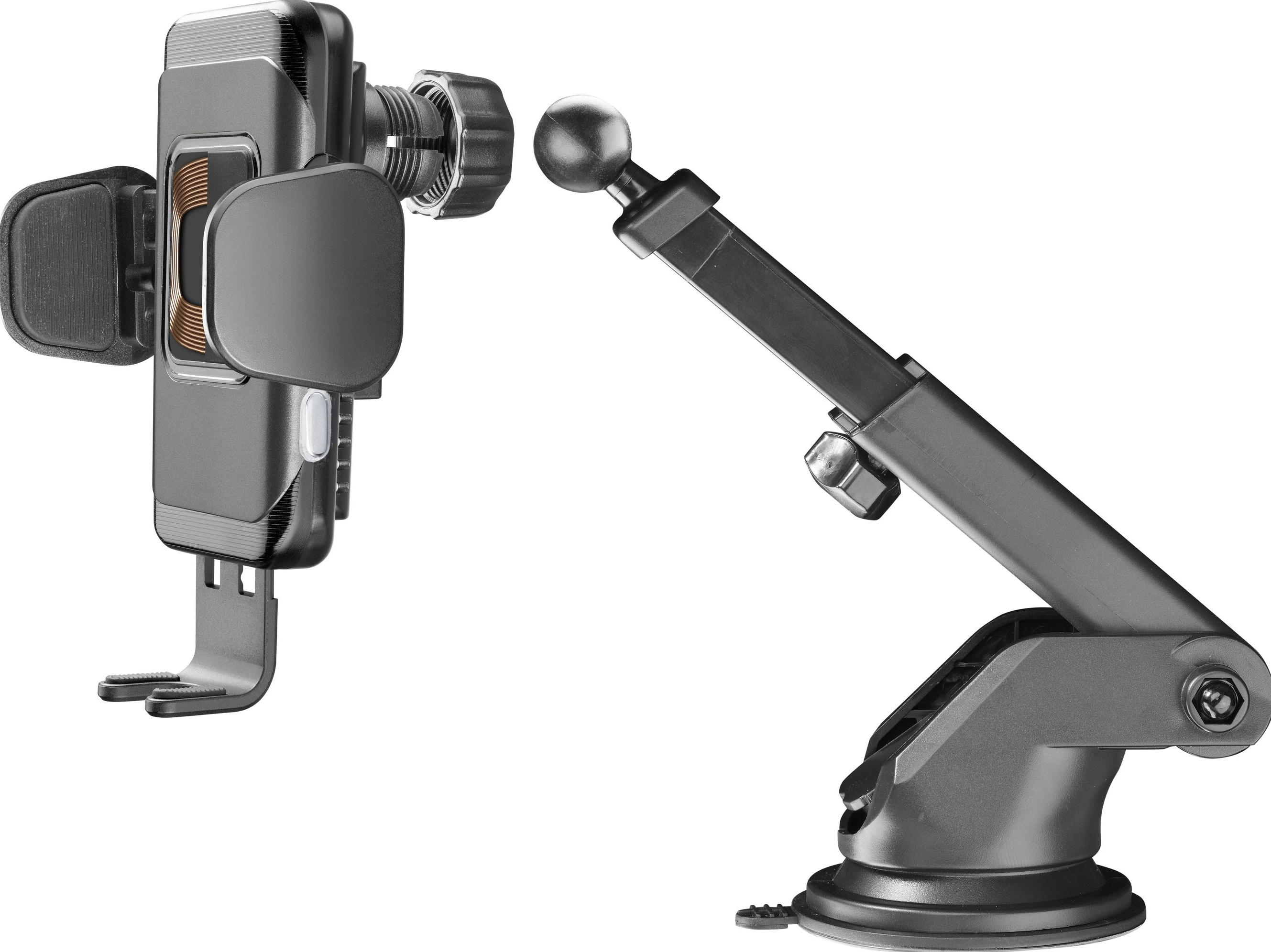 Un support de téléphone de voiture avec un téléphone attaché, isolé sur fond blanc.