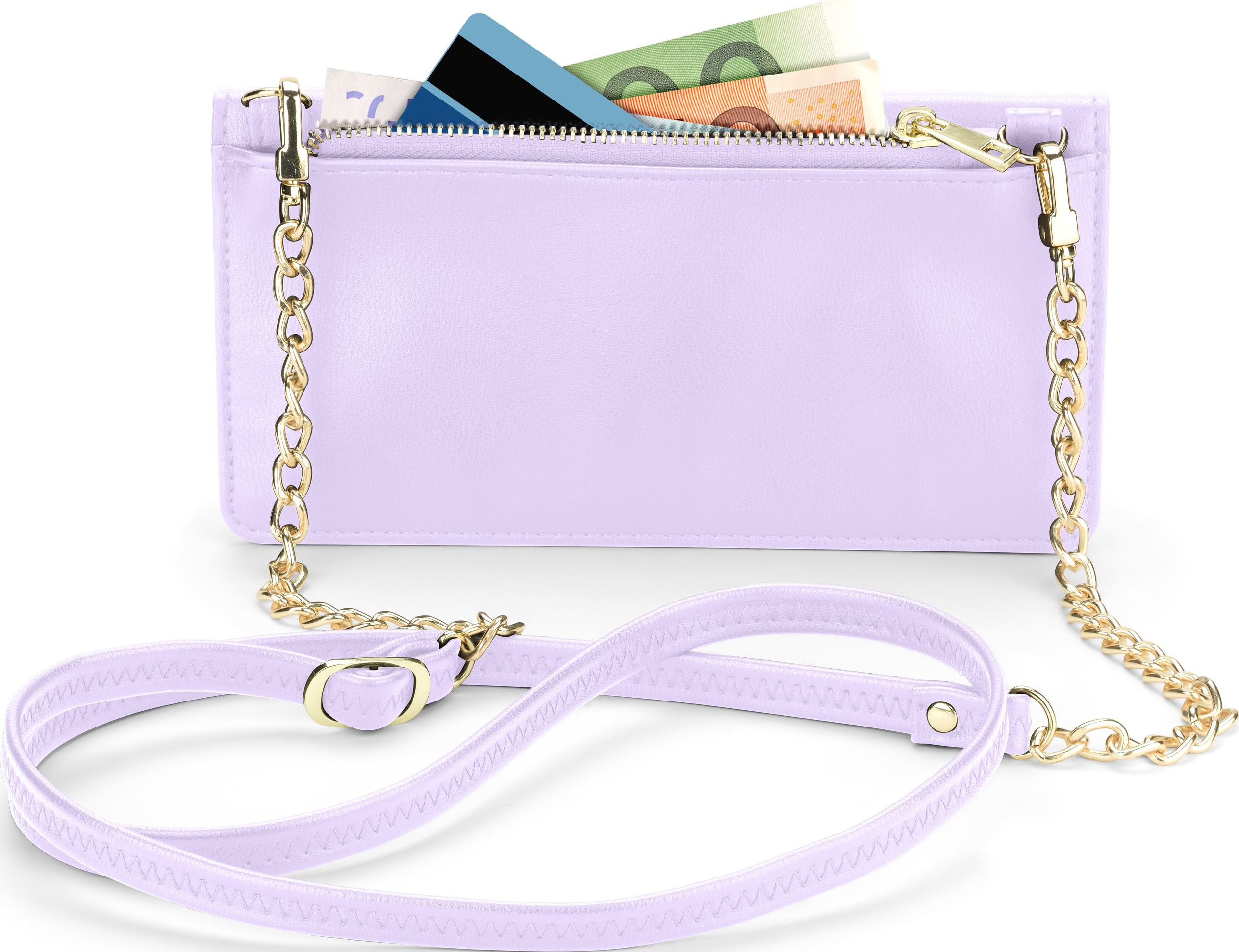Porte-monnaie lilas de style portefeuille avec une chaîne dorée. Rempli d'espèces et de cartes de crédit. Sangle visible.