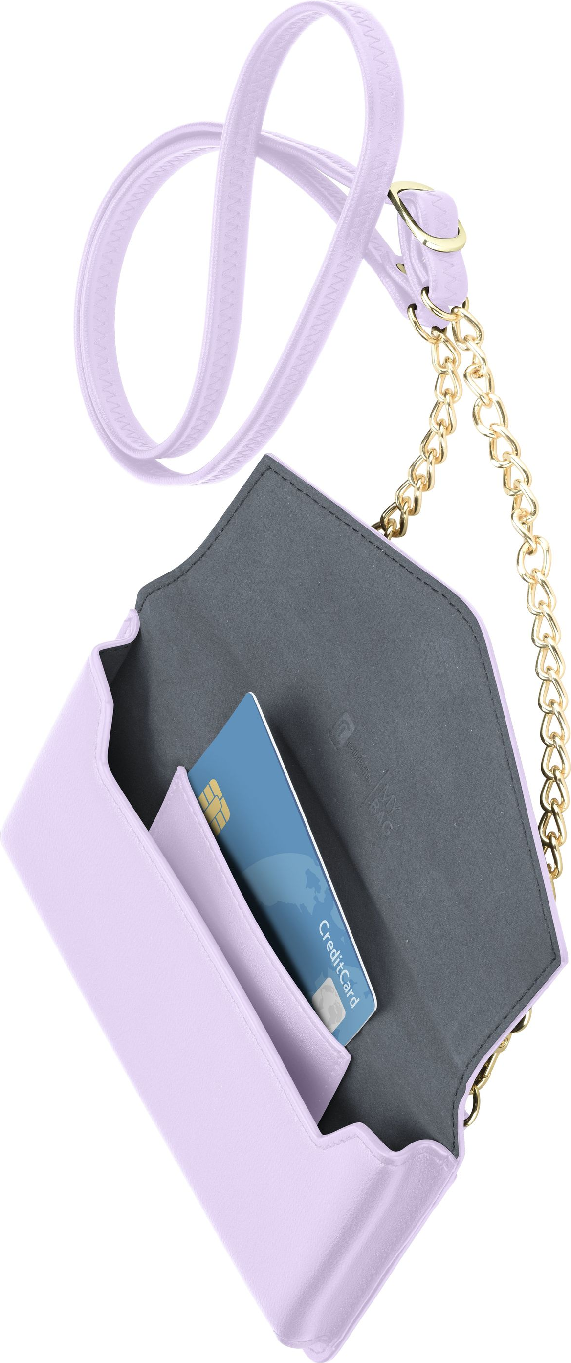 Un sac à main violet clair avec une sangle, une chaîne et une carte de crédit.