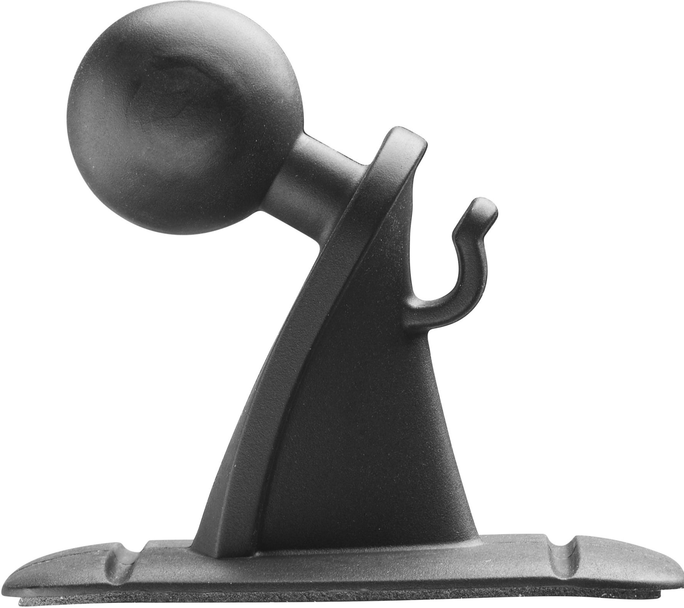 Un supporto per telefono da auto in plastica nera con giunto sferico e base.