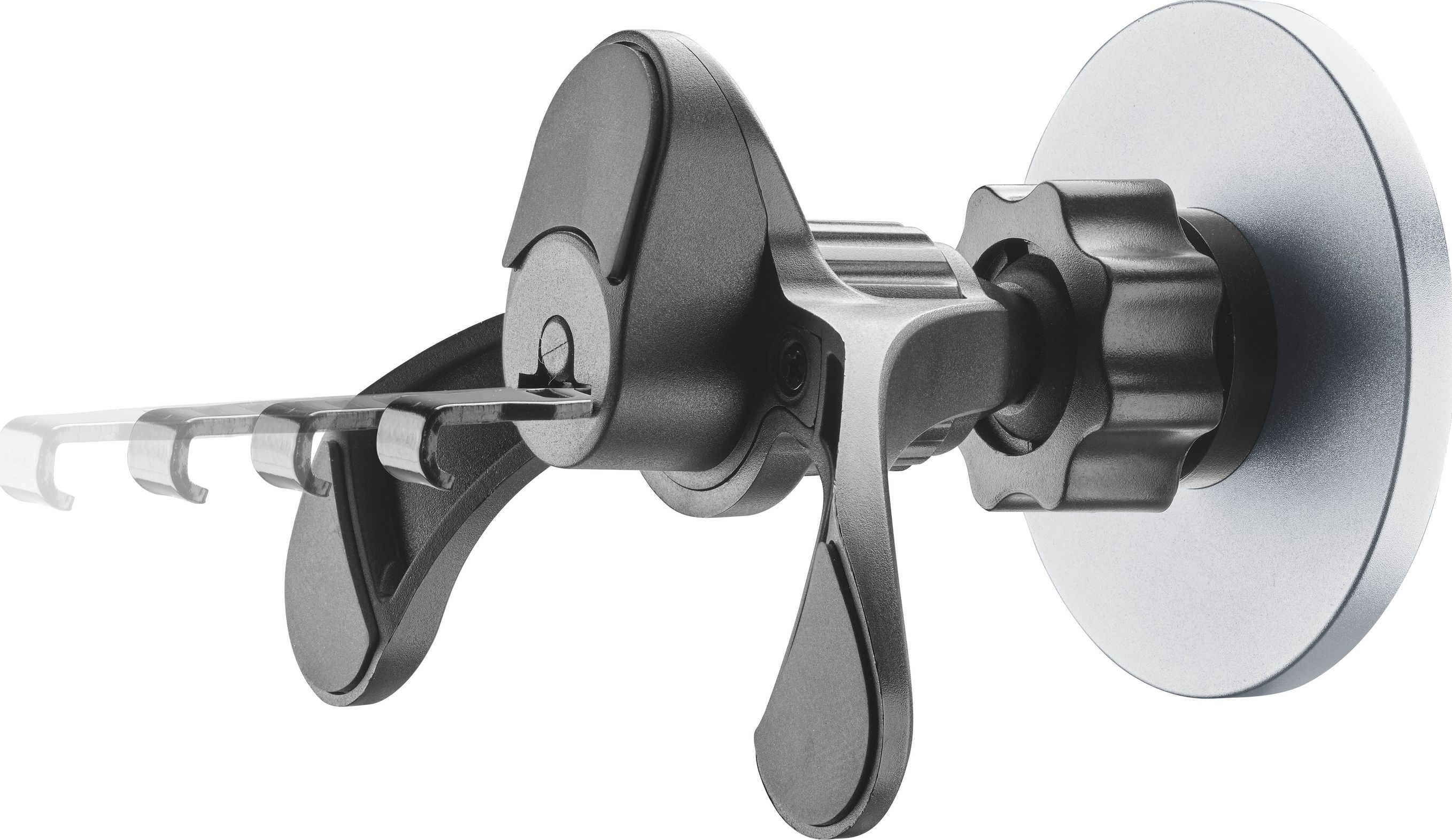 Supporto metallico per fissare un dispositivo a parete. Grigio e nero.