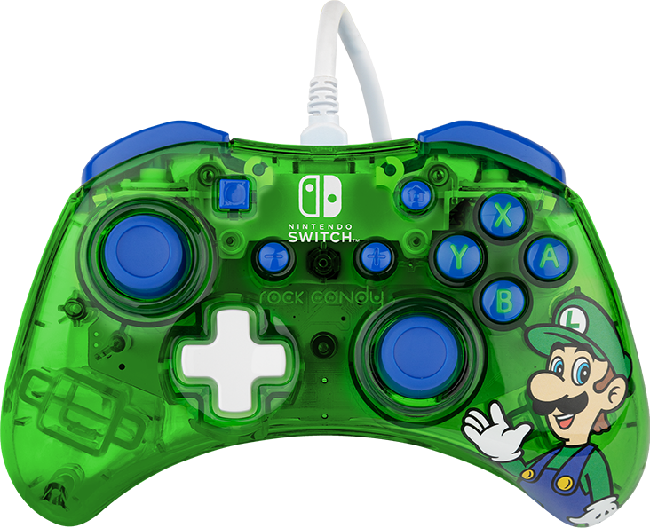 Groene en blauwe Nintendo Switch-controller. Voorzien van Luigi-artwork en knoppen. Witte kabel bevestigd.