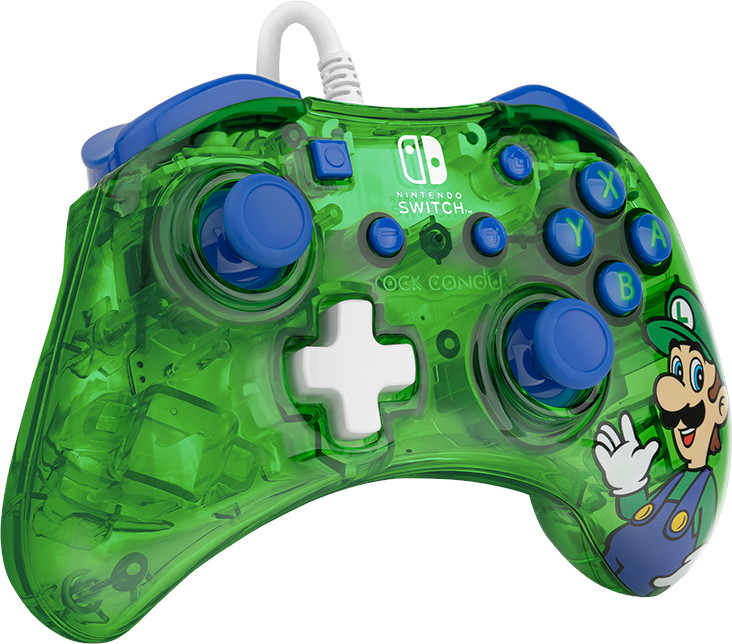 Een groene Nintendo Switch-controller, transparant. Luigi staat rechts en de knoppen zijn blauw.