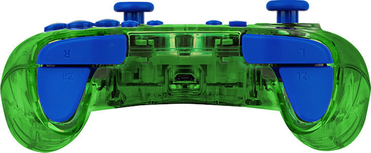 Groene transparante videogamecontroller met blauwe knoppen.