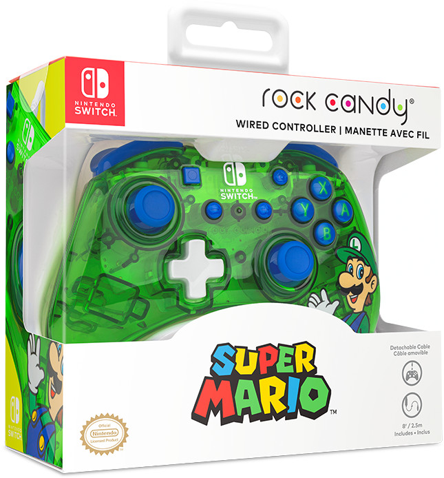 Een Nintendo Switch-controller in een doos. Het is groen en zegt Super Mario, met Luigi erop.