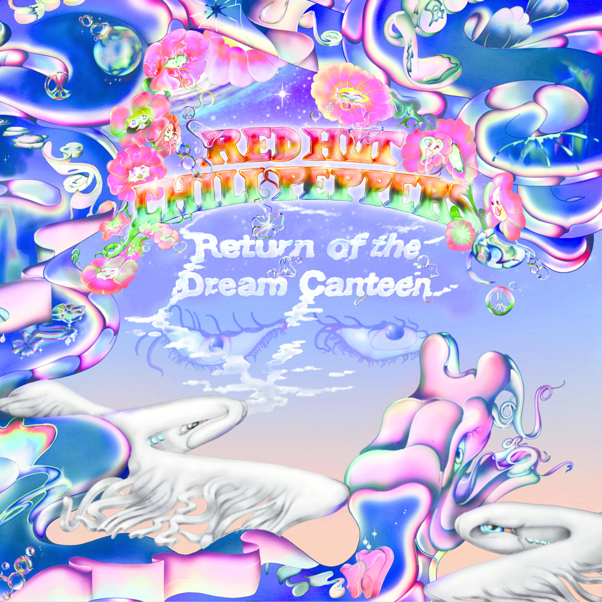 Red Hot Chili Peppers Albumcover. Psychedelische Kunst mit Text und cartoonartigen Figuren. Helle Farben.