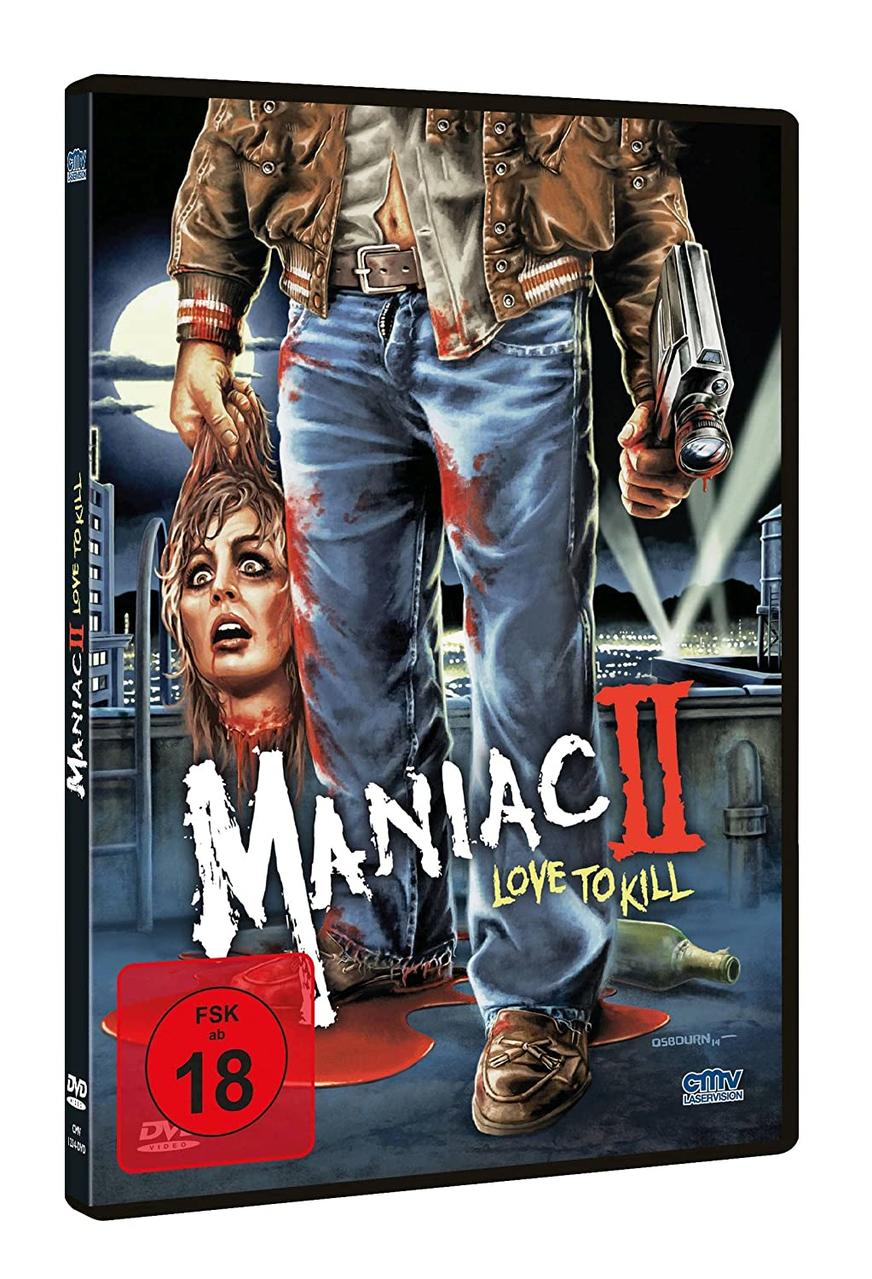 DVD-Cover mit einem Mann, der einen abgetrennten Kopf und eine Pistole hält, mit rotem Warnaufkleber.