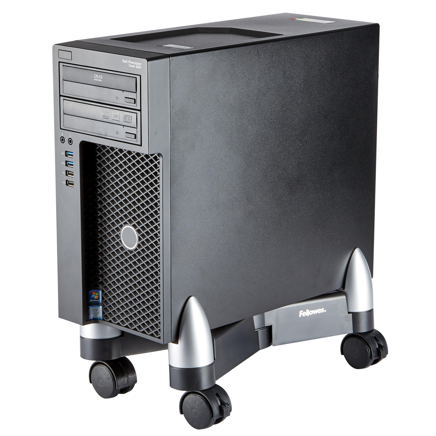 Torre de computadora Dell negra sobre soporte.