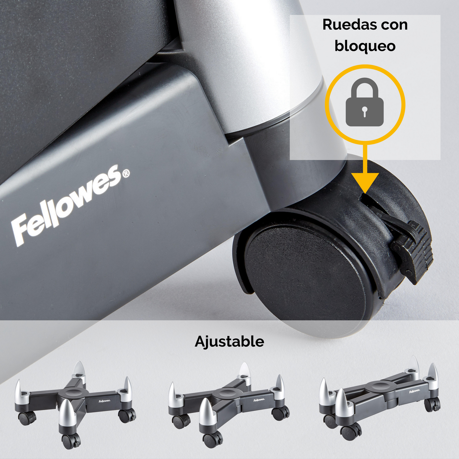 Primer plano de una rueda con un símbolo de candado y tres soportes de base ajustables.