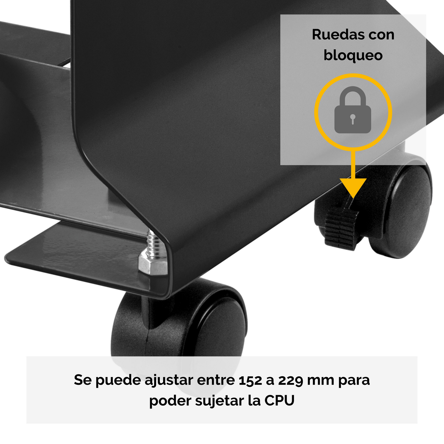 Soporte de CPU negro con ruedas y mecanismo de bloqueo.