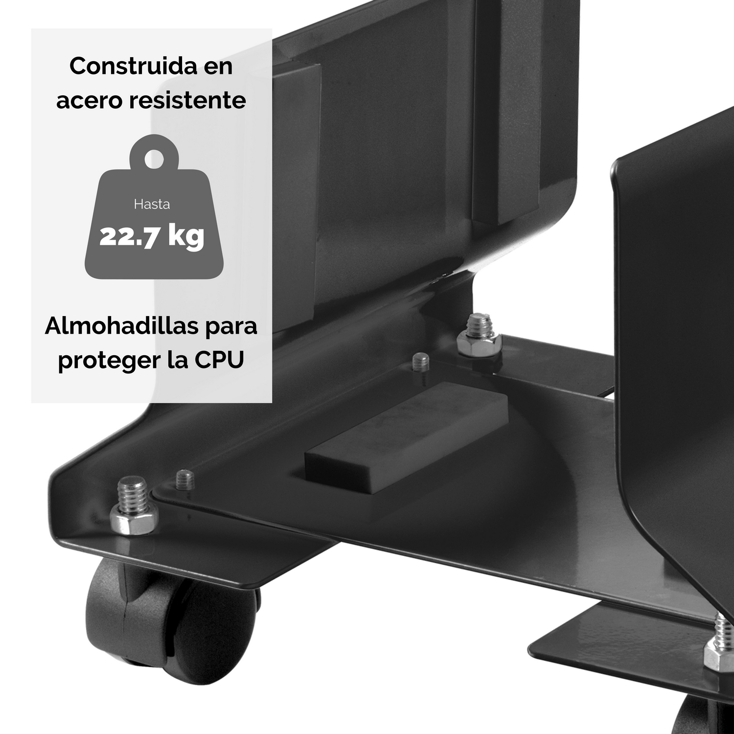 Soporte metálico para CPU con ruedas. El texto dice que es de acero y hasta 22,7 kg.