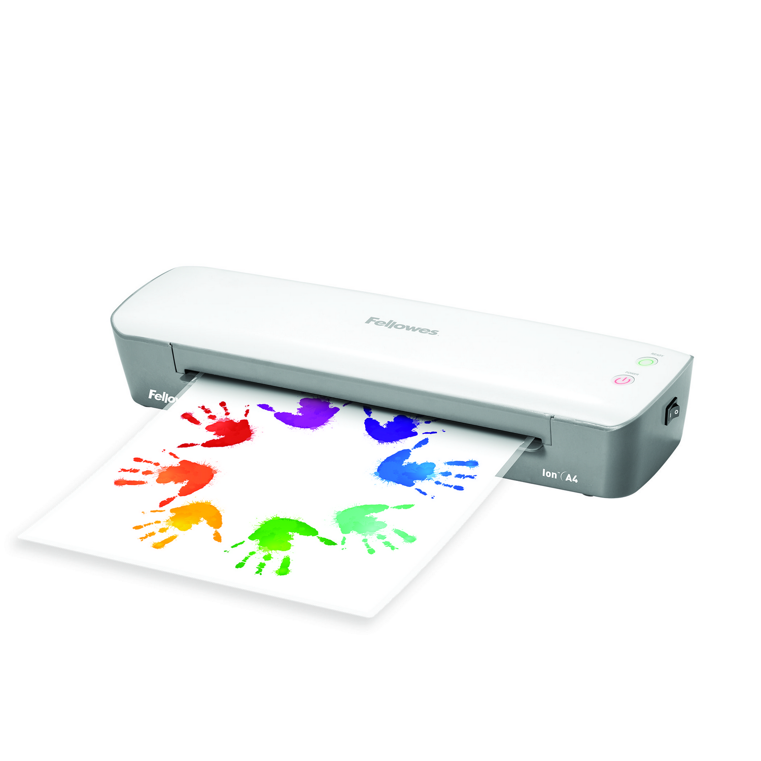 Laminadora con una hoja de papel con huellas de manos coloridas saliendo.