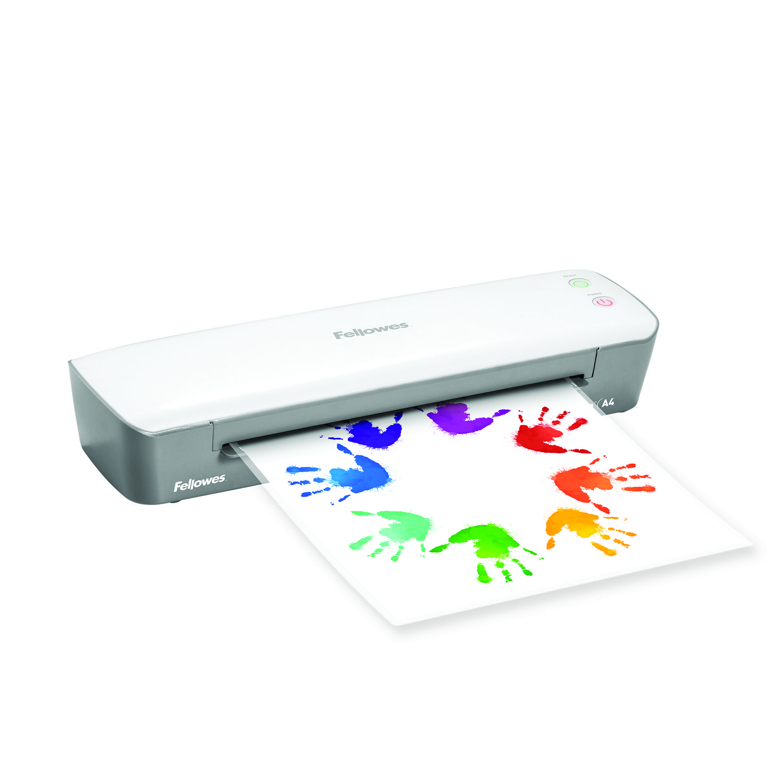 Laminadora con papel. Huellas de manos en un círculo de arcoíris. Marca Fellowes.