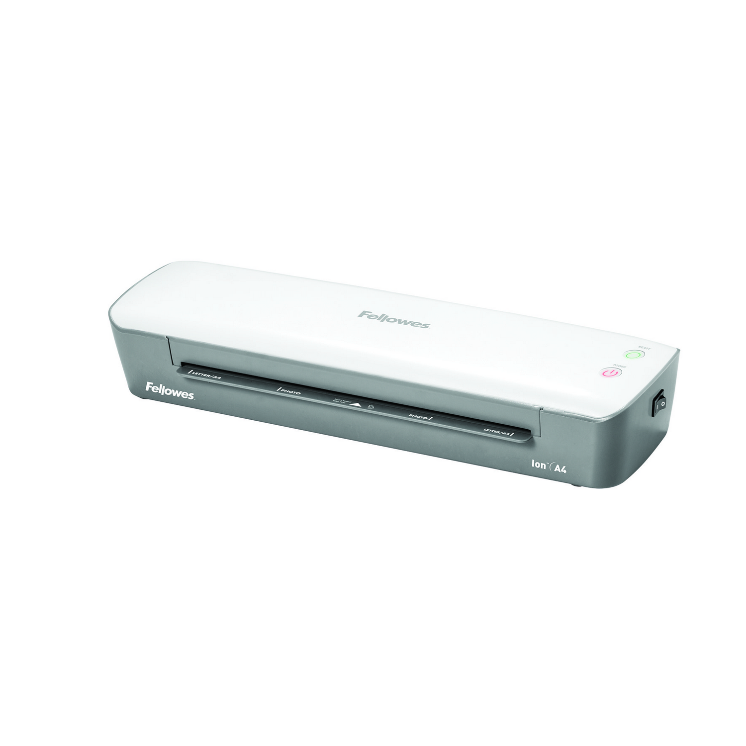 Una plastificadora Fellowes Ion A4 blanca y gris, con botón de encendido y luces indicadoras.
