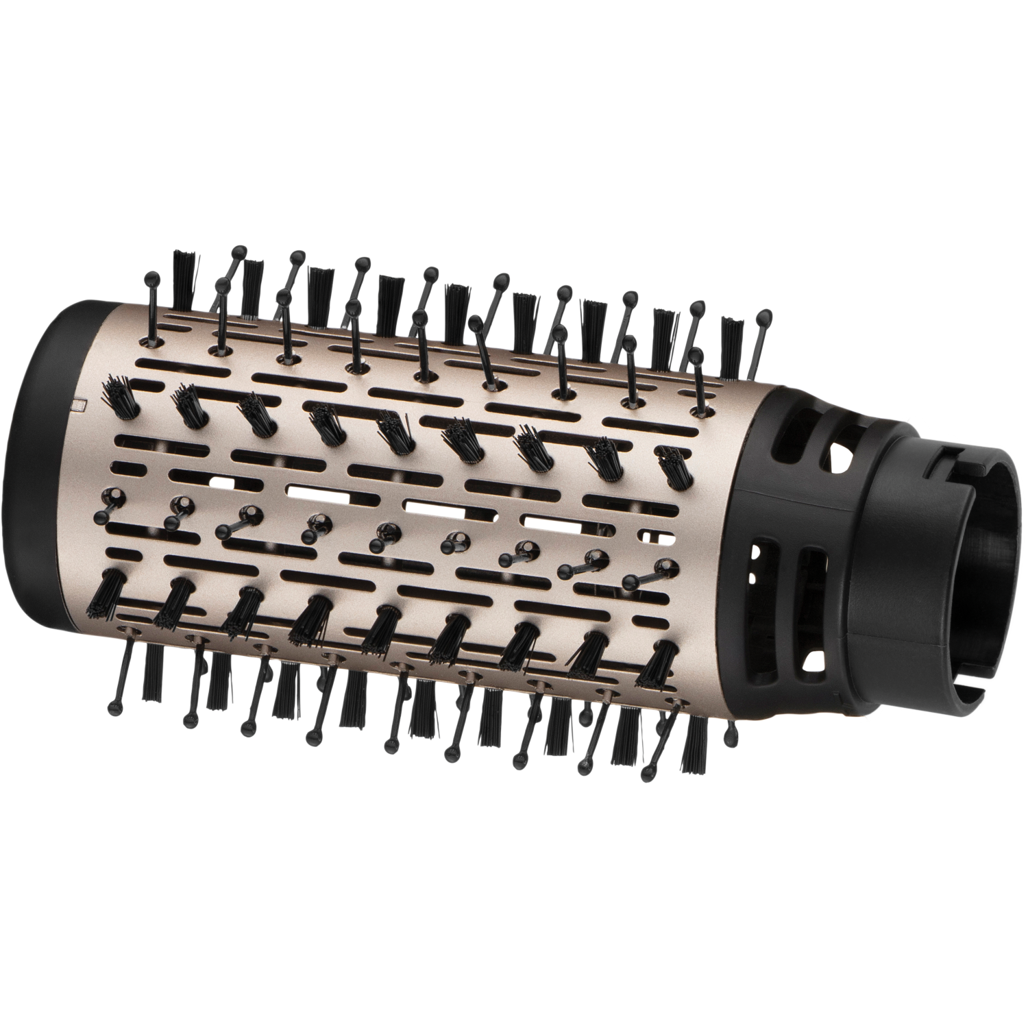 A hairbrush attachment with black bristles and a gold base.