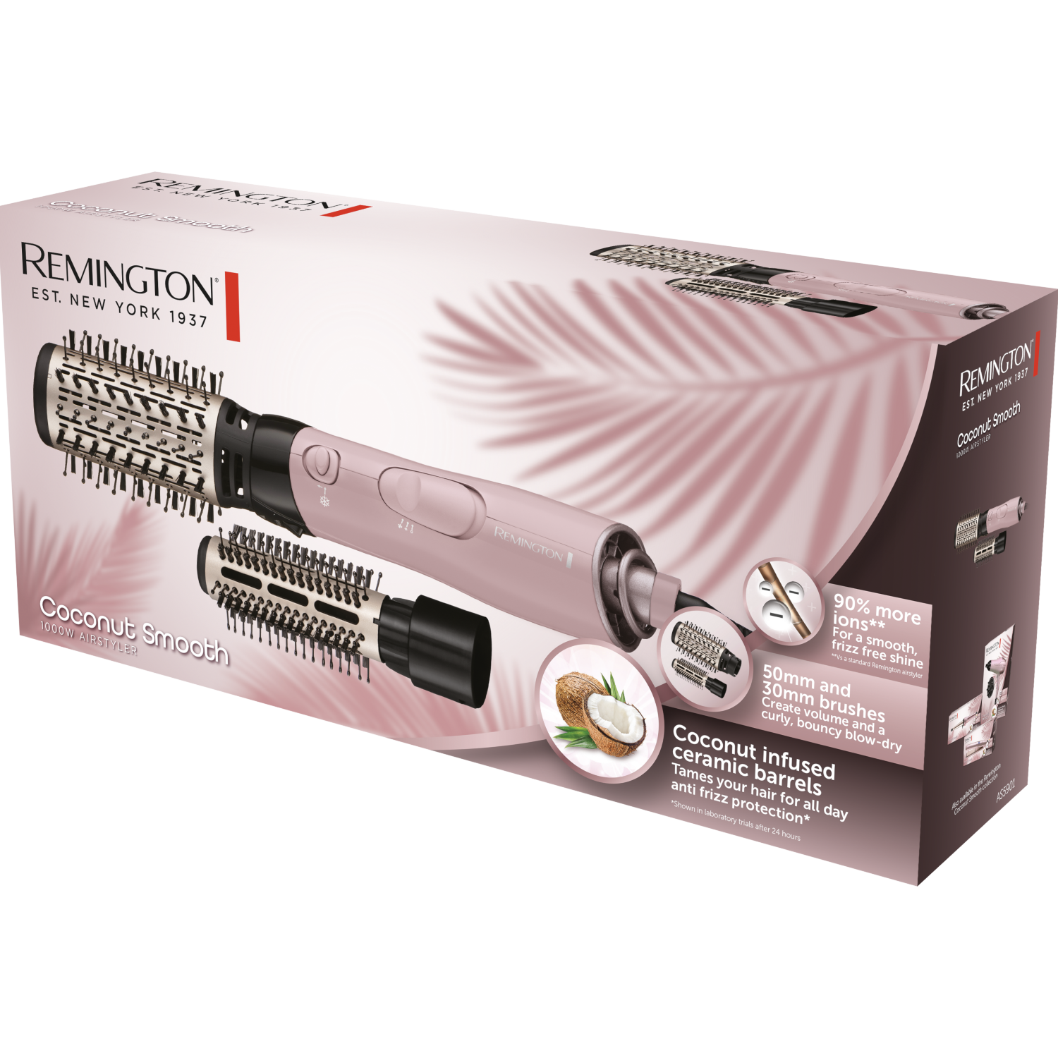 Hair styling brush with box, product shot.