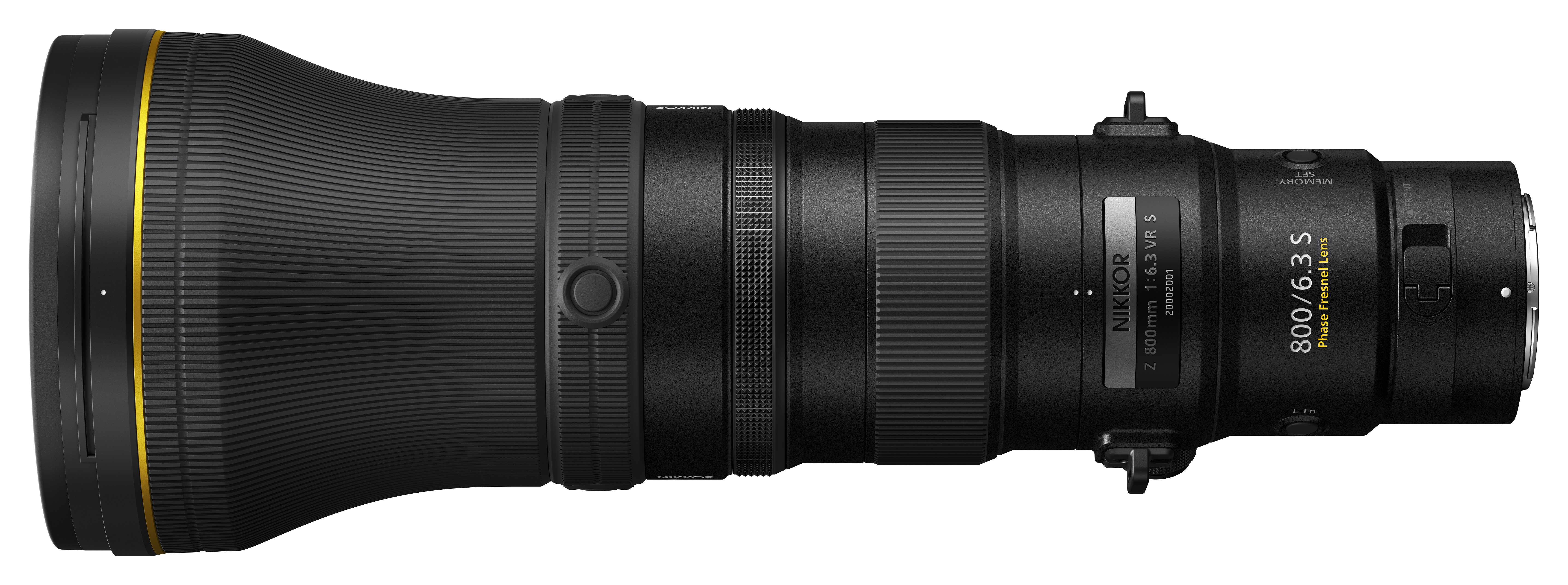 Schwarzes Nikon 800mm f/6.3 S Objektiv mit Goldring, verschiedenen Reglern und Text, auf weißem Hintergrund.