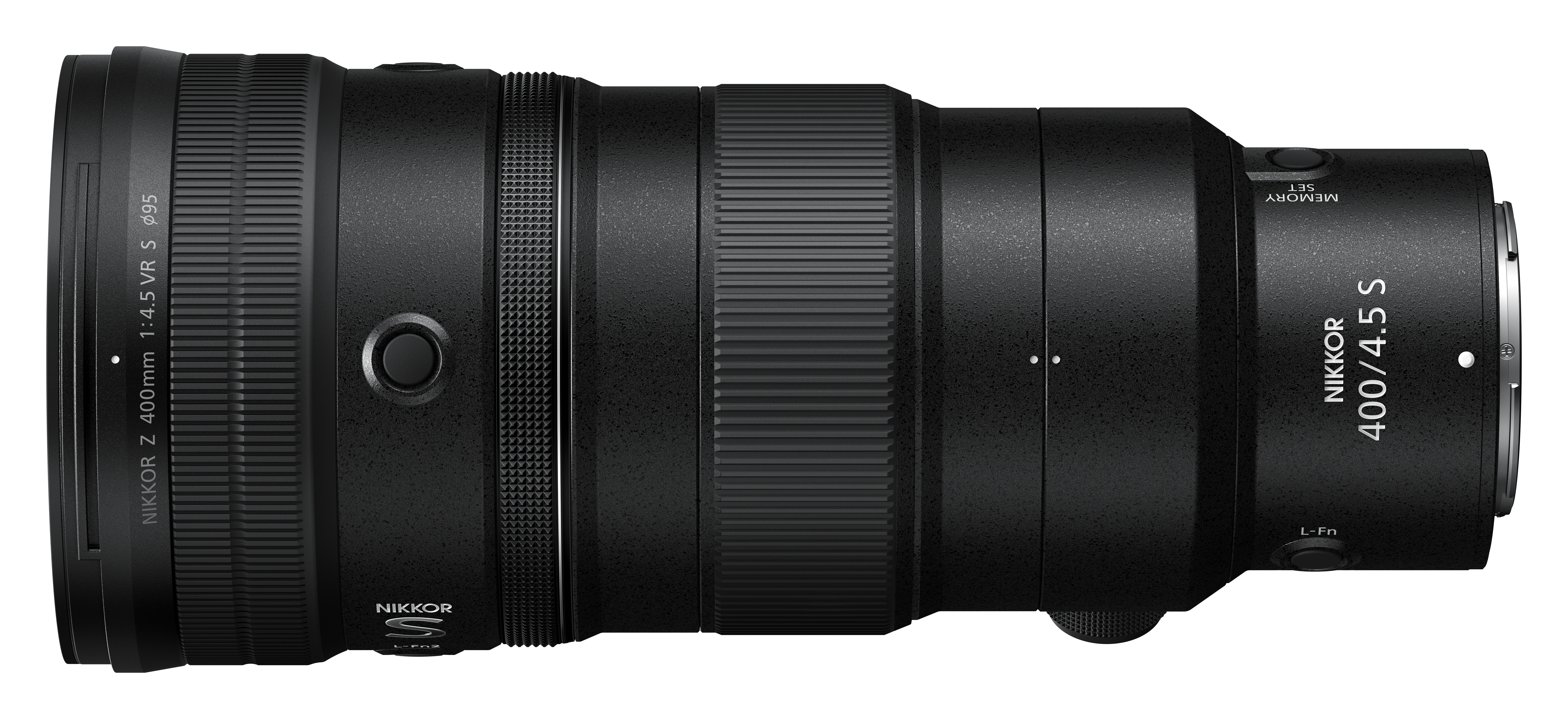 Schwarzes Nikon 400mm f/4.5 S Objektiv. Seitenansicht, zylindrische Form, mit Fokus- und Zoomringen.