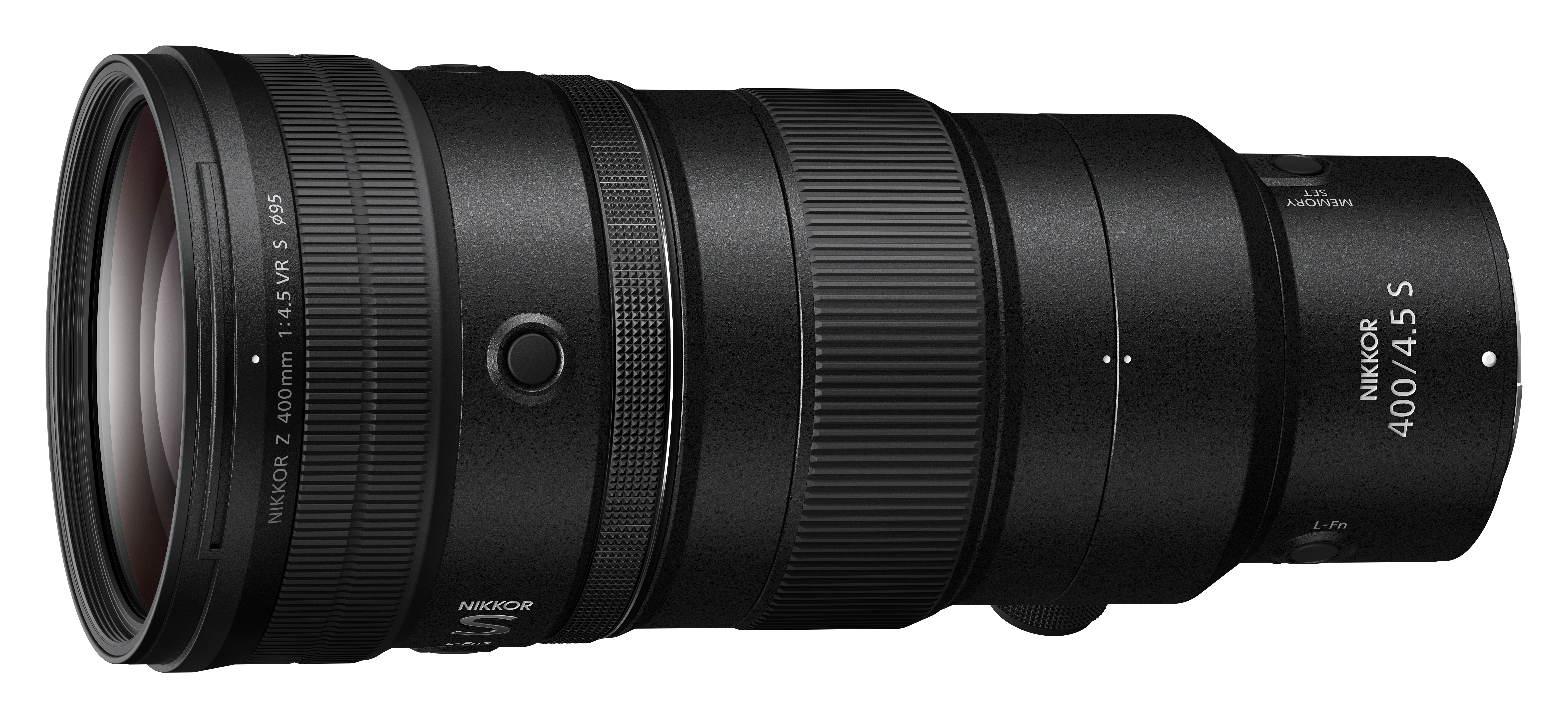 Ein schwarzes Nikkor 400mm f/4.5 VR S Kameraobjektiv mit verschiedenen Markierungen und Details.