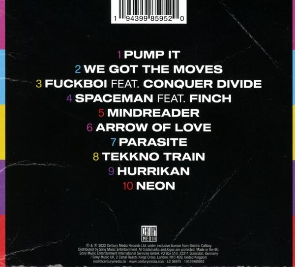 CD-Rückseite mit Titelliste: Pump It, We Got the Moves, Fuckboi, Spaceman, Mindreader, Arrow of Love, etc.