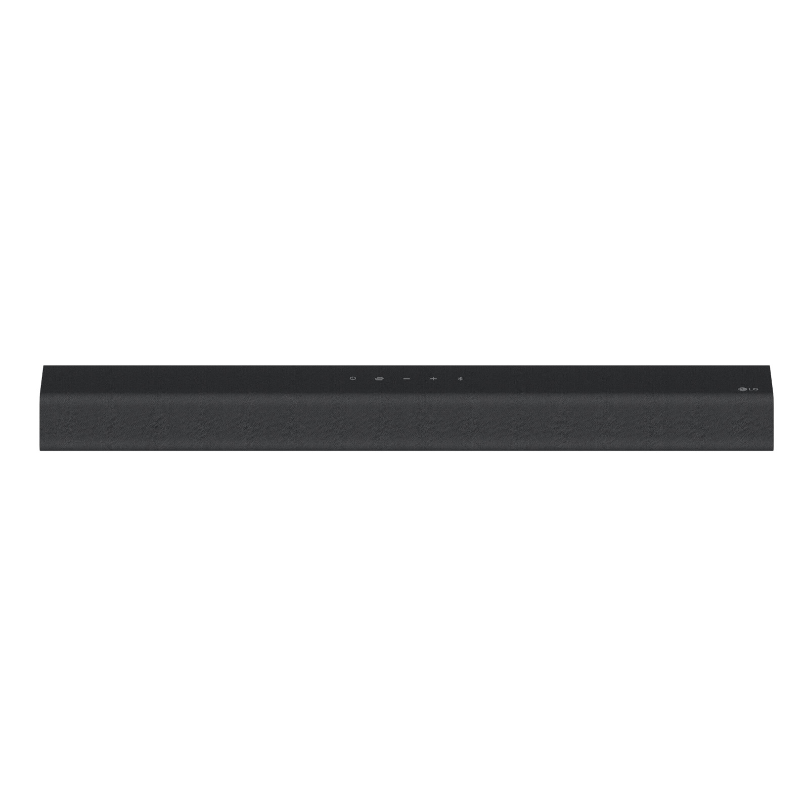 Una barra de sonido negra sobre un fondo blanco. La barra de sonido tiene botones en la parte superior y el logotipo de LG.