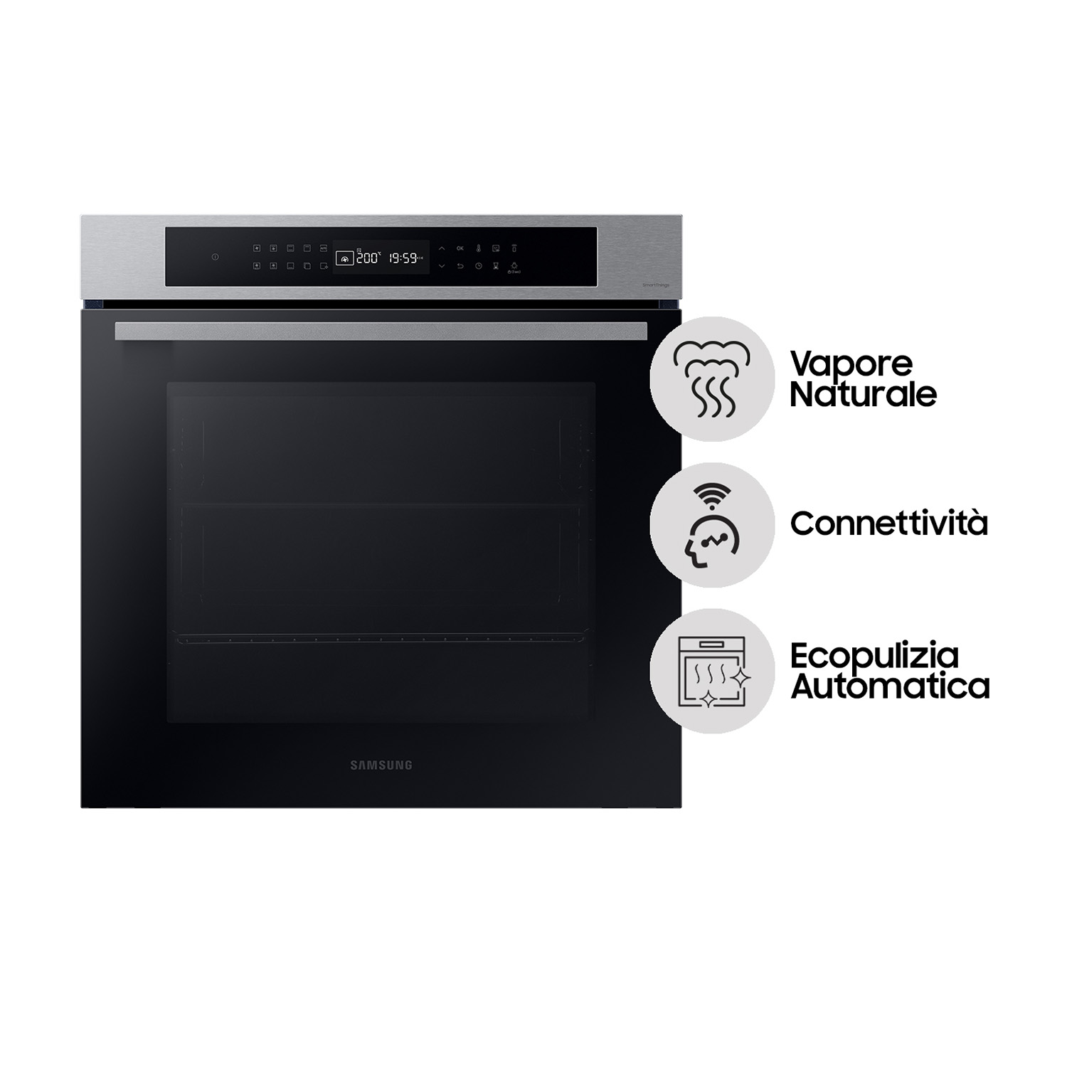 Forno Samsung argentato con display digitale. Icone per vapore, connettività e autopulizia.