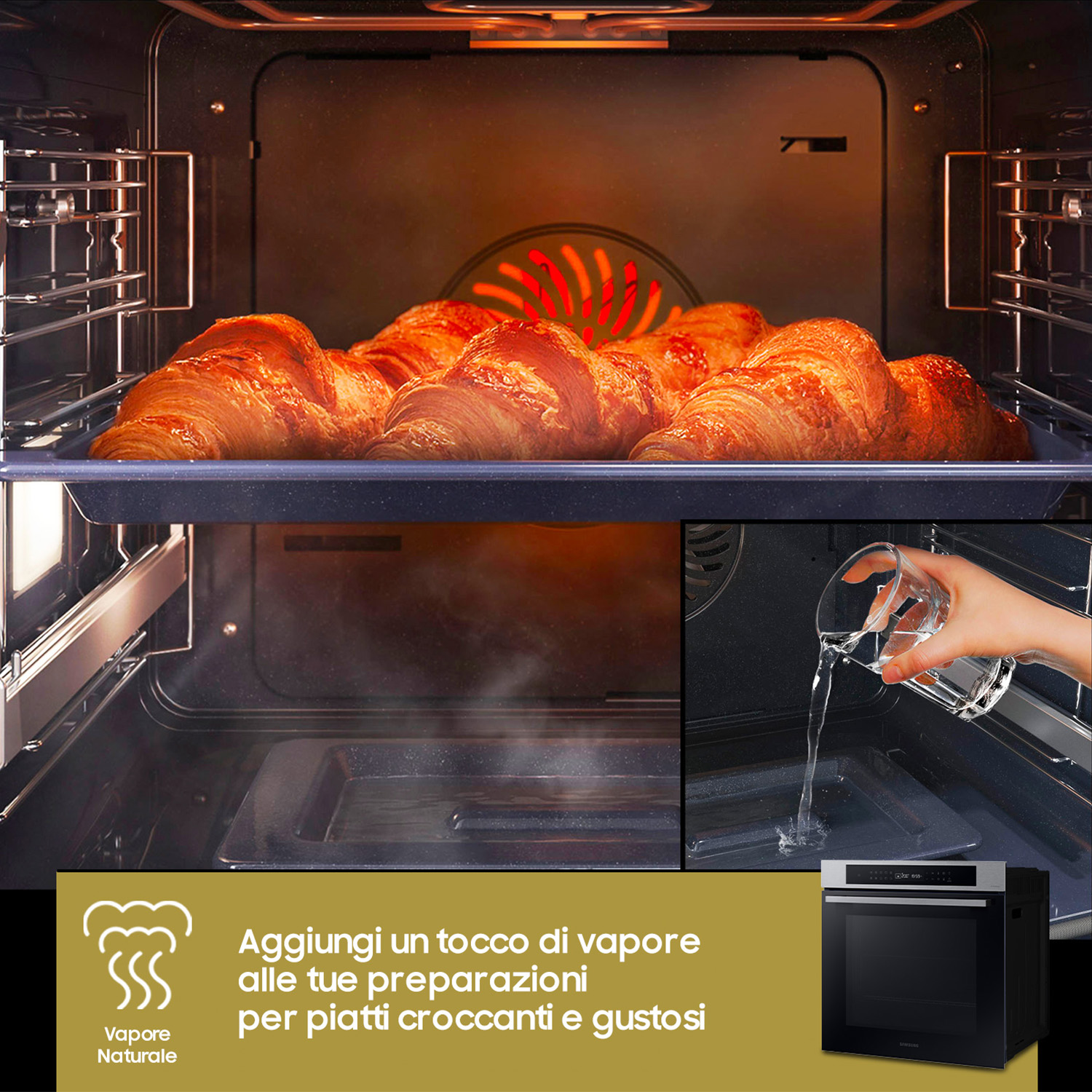 Forno con croissant su un vassoio. L'acqua viene versata nel forno per creare vapore.