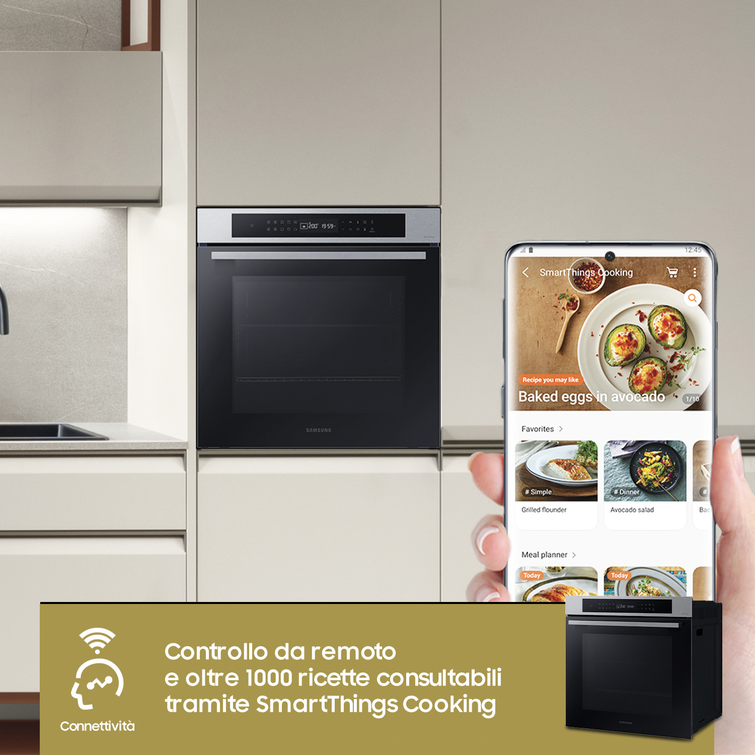 Forno, smartphone con ricette e testo: Controllo remoto e oltre 1000 ricette disponibili.