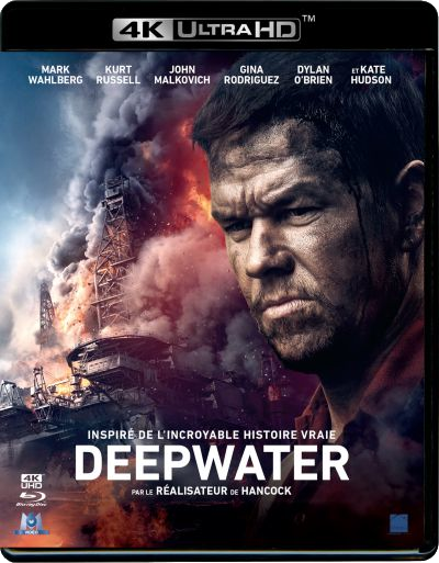 Affiche du film Deepwater. Visage de Mark Wahlberg, plateforme pétrolière en arrière-plan.