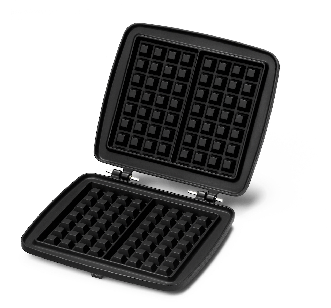 An open black waffle iron, showing the grid pattern on the top and bottom plates.