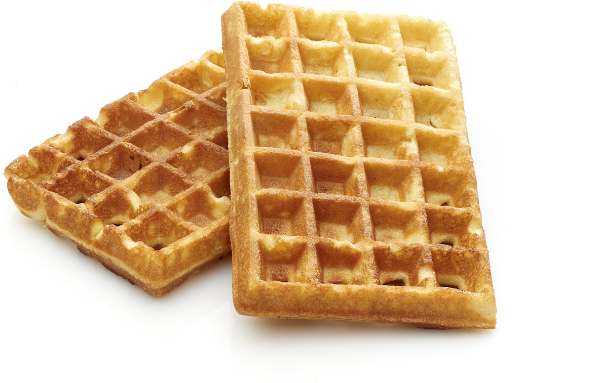 Two golden-brown waffles on a white background. They have a square grid pattern.