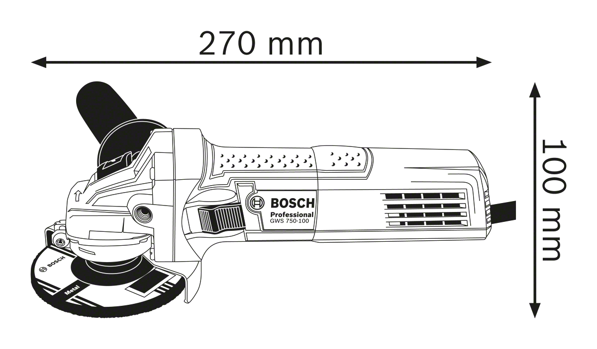 Bosch sarokcsiszoló, méretei 270 mm hosszú és 100 mm magas, fekete háttéren.