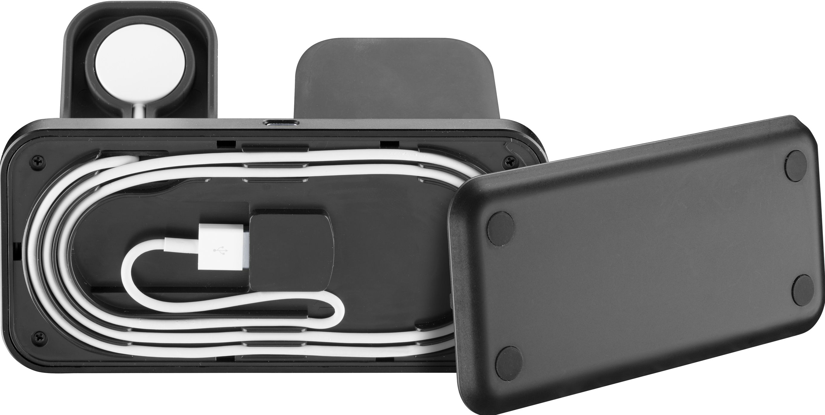 Stazione di ricarica nera con cavi bianchi all'interno. Un Apple Watch e una base piatta sono visibili.