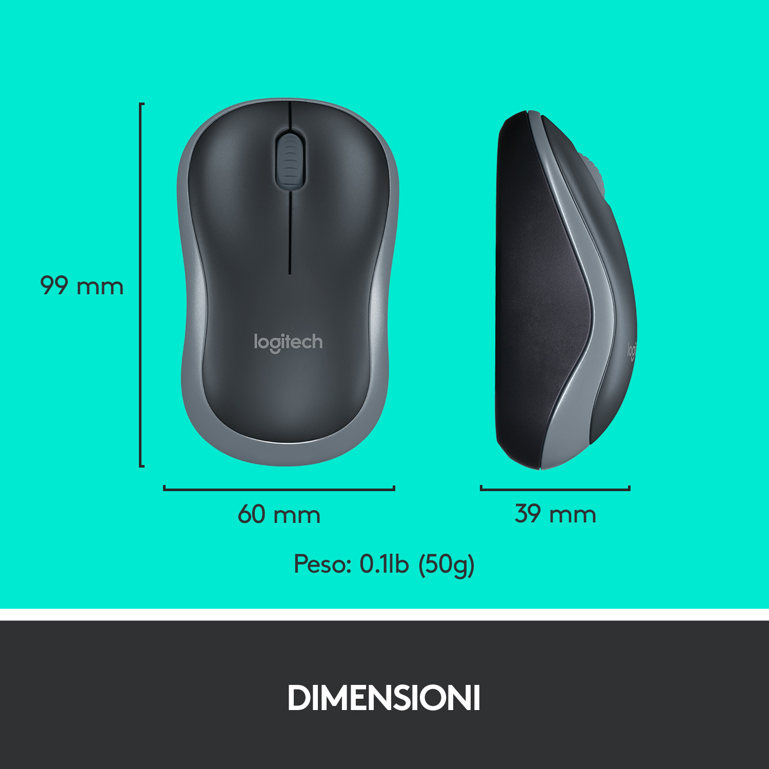 Un mouse wireless Logitech M220 nero e grigio con dimensioni di 99 mm x 60 mm x 39 mm e peso di 50 g.
