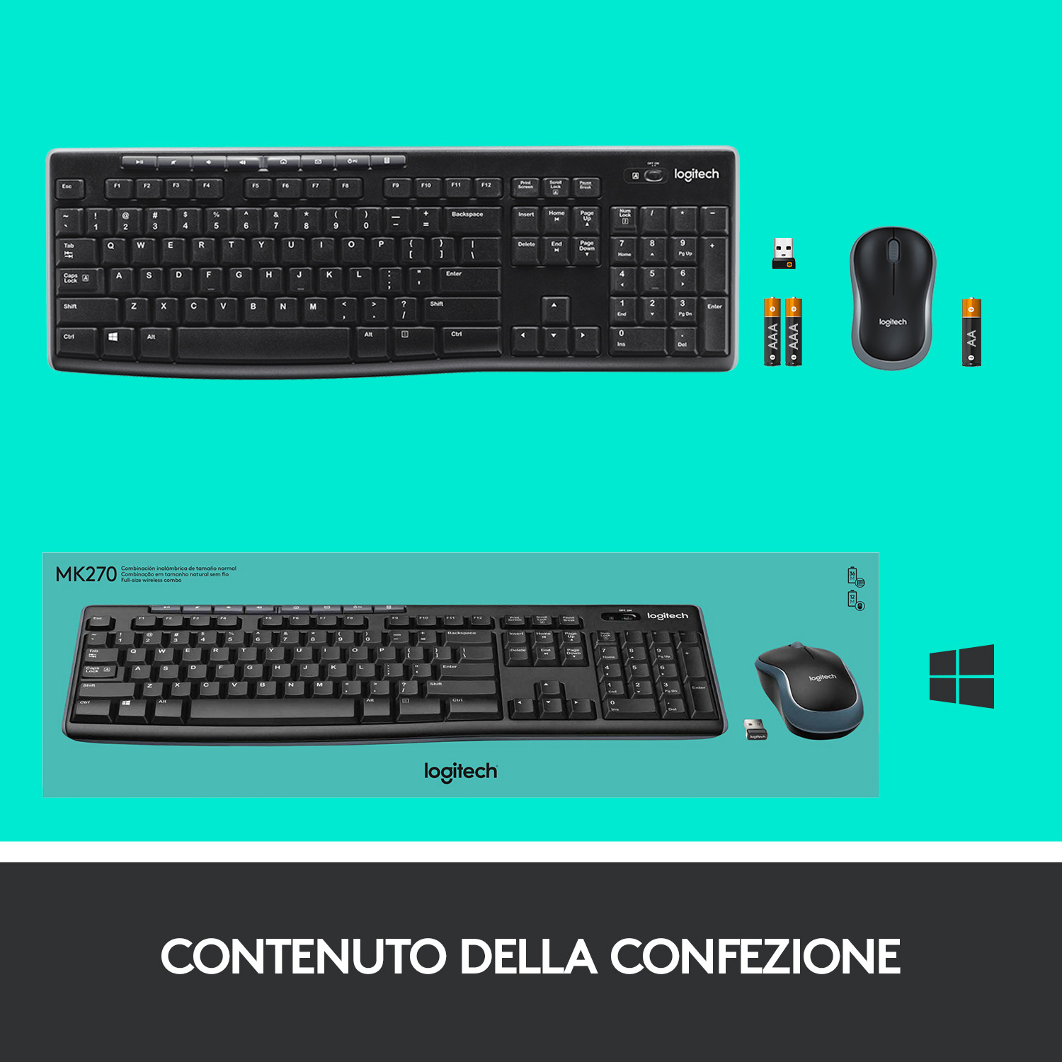 Due tastiere e due mouse, con due batterie ciascuno. Il testo recita: Contenuto della confezione.